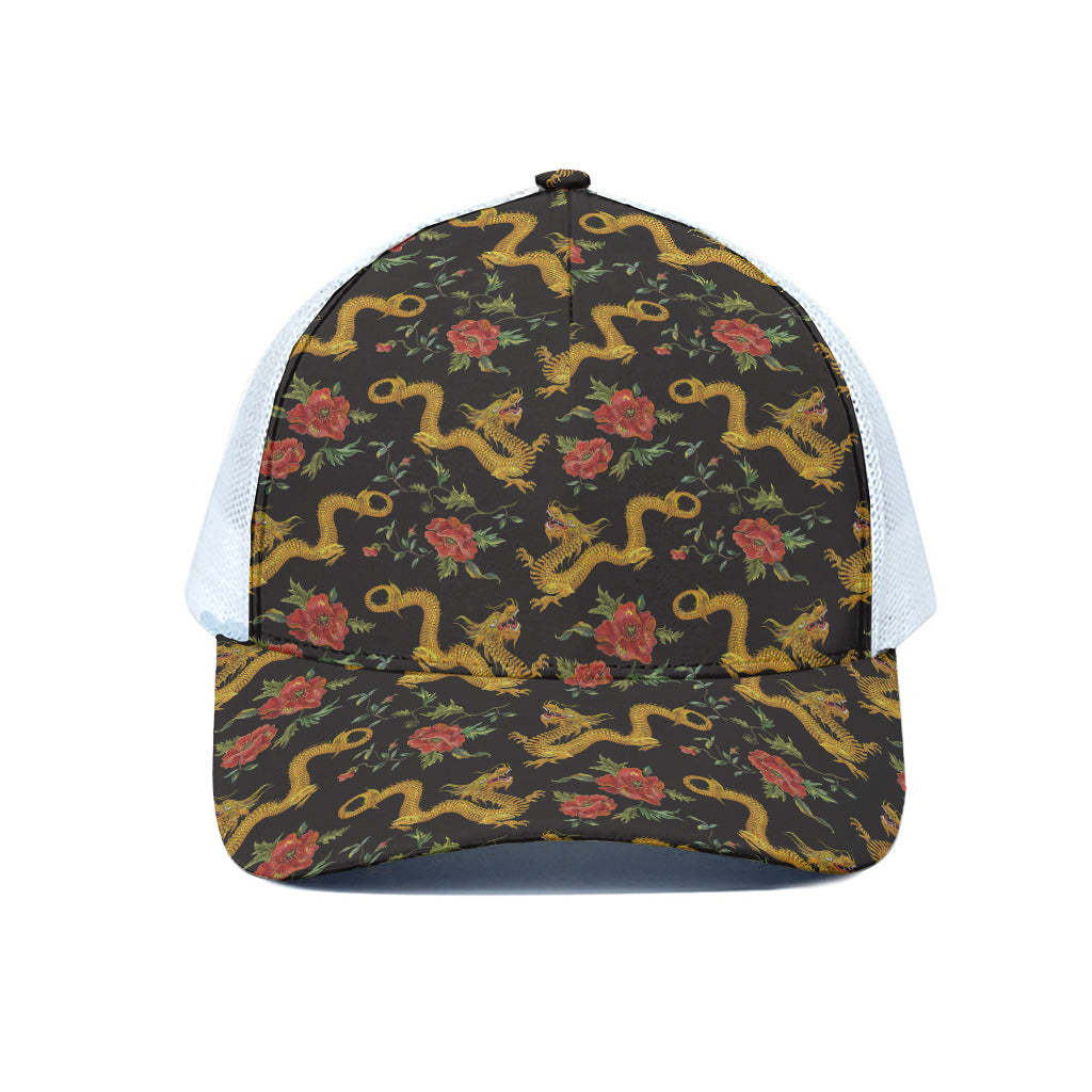 Embroidery Chinese Dragon Pattern Print White Mesh Trucker Cap