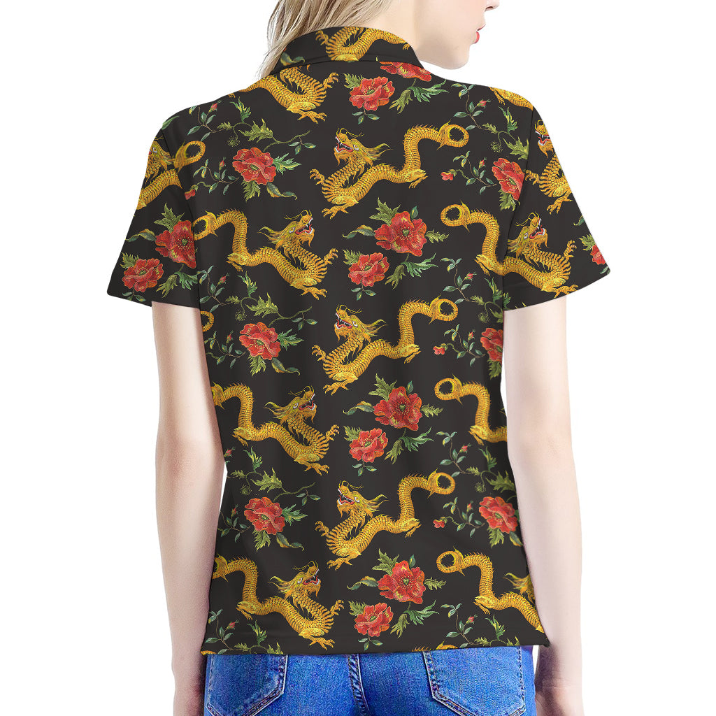 Embroidery Chinese Dragon Pattern Print Women's Polo Shirt