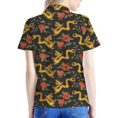 Embroidery Chinese Dragon Pattern Print Women's Polo Shirt
