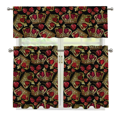 Embroidery Crown Pattern Print 3 Piece Kitchen Curtains