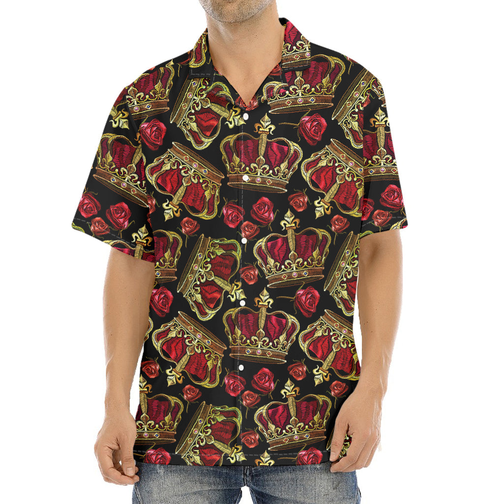 Embroidery Crown Pattern Print Aloha Shirt