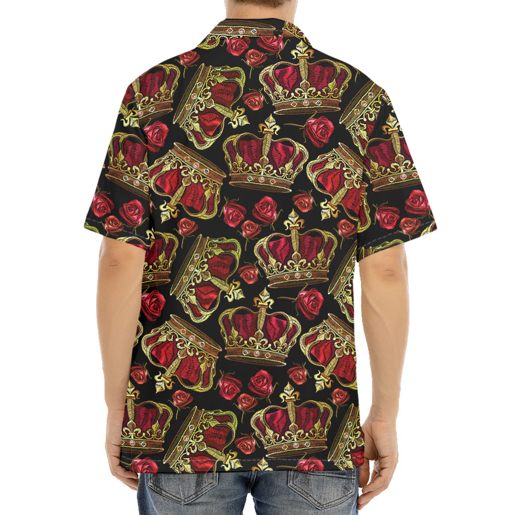 Embroidery Crown Pattern Print Aloha Shirt