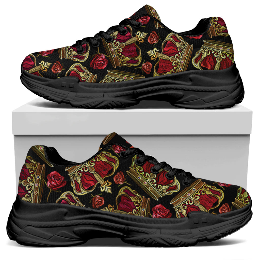 Embroidery Crown Pattern Print Black Chunky Shoes
