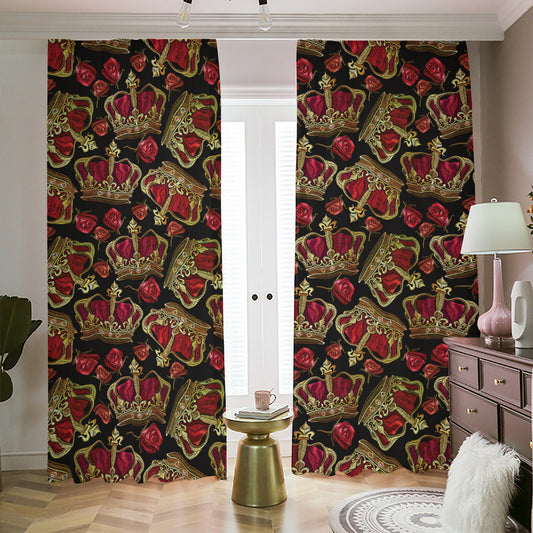 Embroidery Crown Pattern Print Blackout Pencil Pleat Curtains