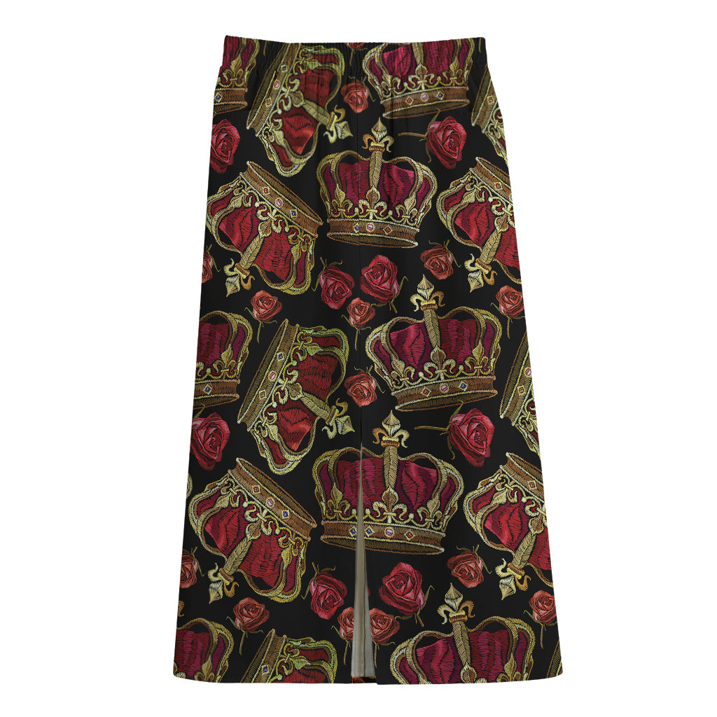 Embroidery Crown Pattern Print Cotton Front Slit Maxi Skirt