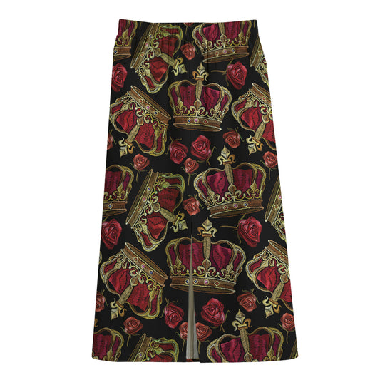 Embroidery Crown Pattern Print Cotton Front Slit Maxi Skirt