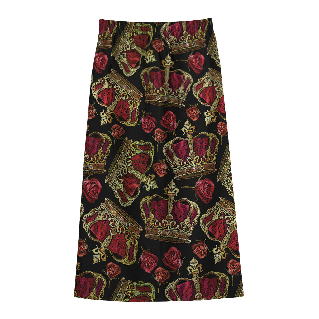 Embroidery Crown Pattern Print Cotton Front Slit Maxi Skirt
