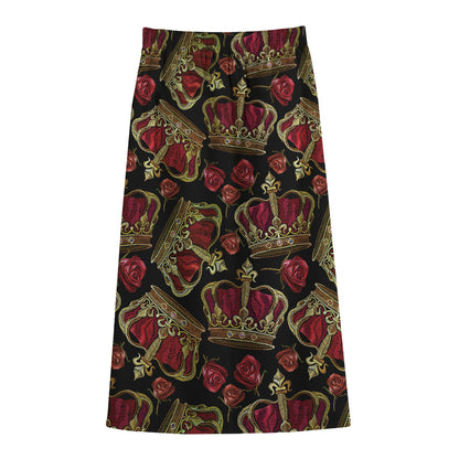 Embroidery Crown Pattern Print Cotton Front Slit Maxi Skirt