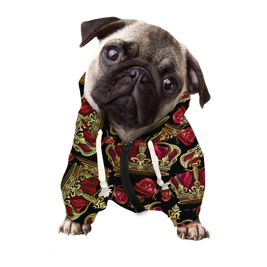 Embroidery Crown Pattern Print Dog Zip Up Hoodie