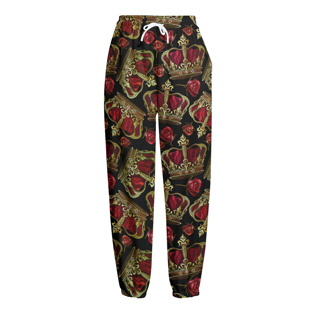 Embroidery Crown Pattern Print Fleece Lined Knit Pants