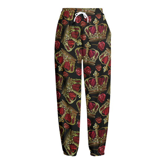 Embroidery Crown Pattern Print Fleece Lined Knit Pants