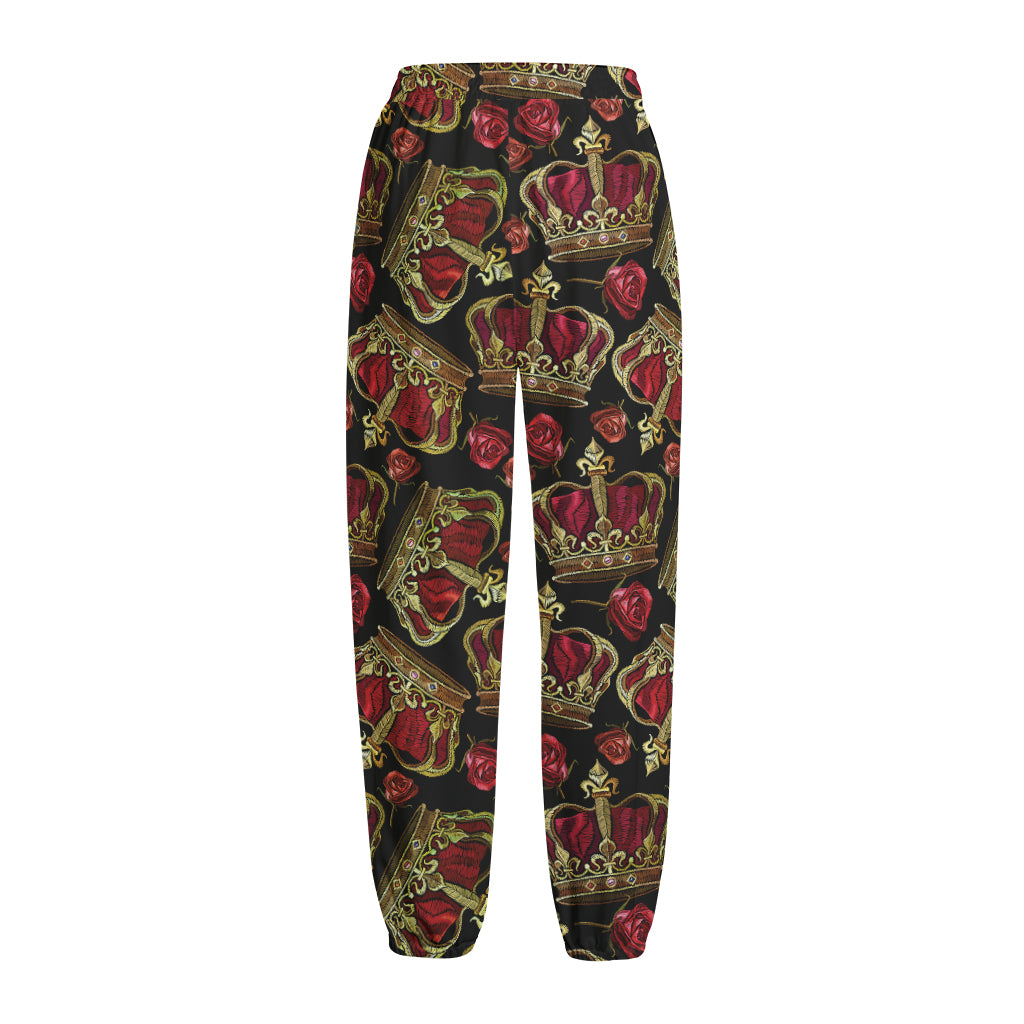 Embroidery Crown Pattern Print Fleece Lined Knit Pants