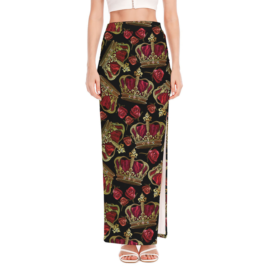 Embroidery Crown Pattern Print High Slit Maxi Skirt