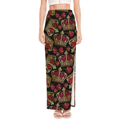 Embroidery Crown Pattern Print High Slit Maxi Skirt
