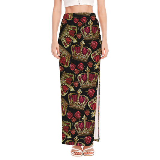 Embroidery Crown Pattern Print High Slit Maxi Skirt