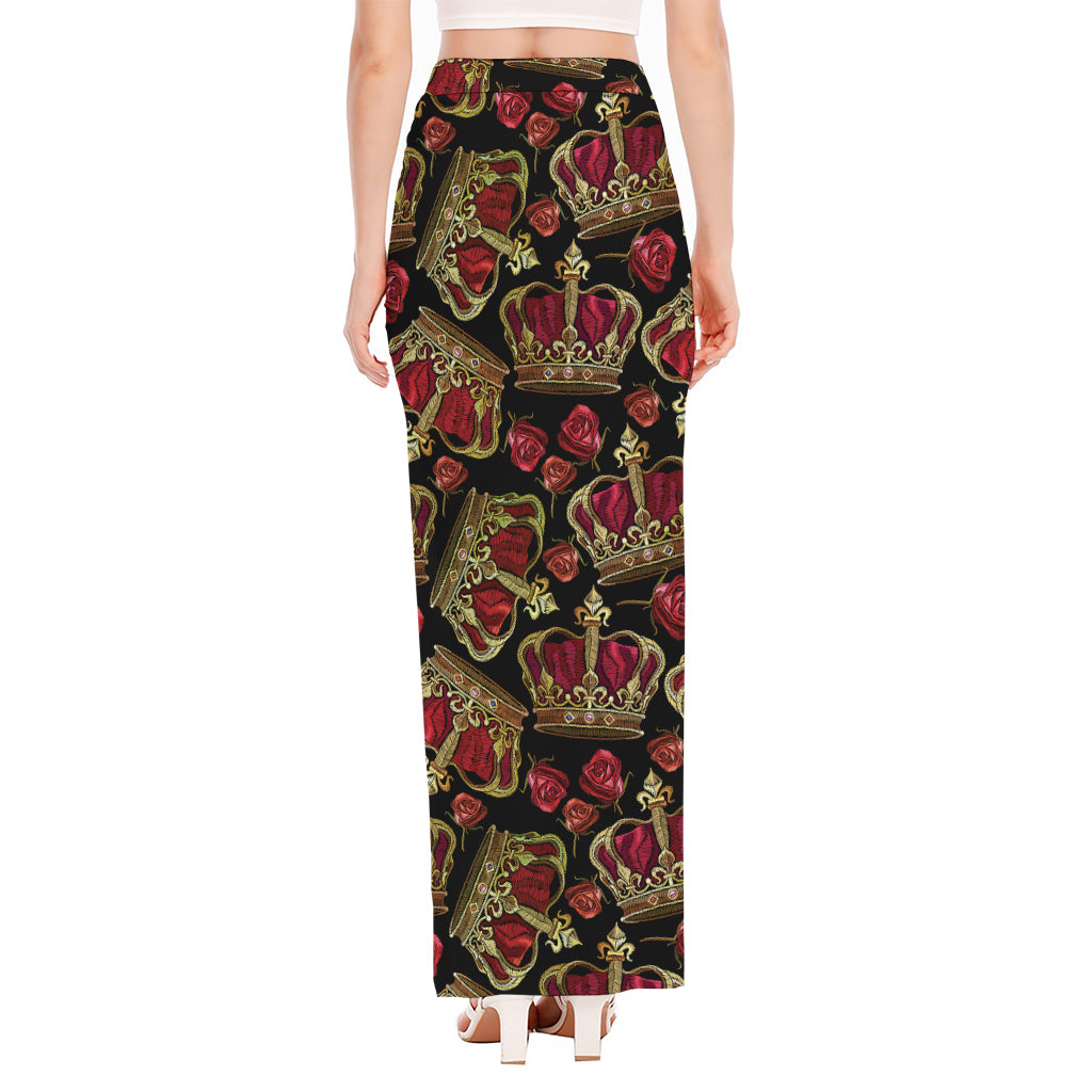 Embroidery Crown Pattern Print High Slit Maxi Skirt