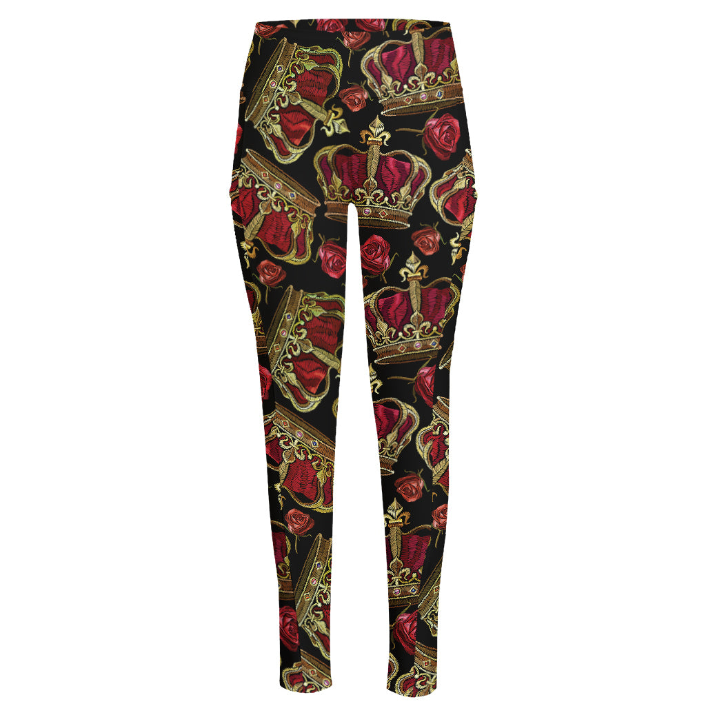 Embroidery Crown Pattern Print High-Waisted Pocket Leggings