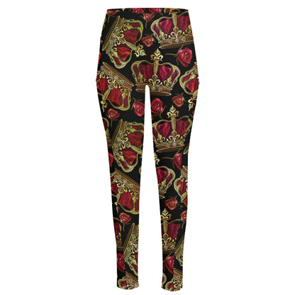 Embroidery Crown Pattern Print High-Waisted Pocket Leggings