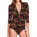 Embroidery Crown Pattern Print Long Sleeve Swimsuit