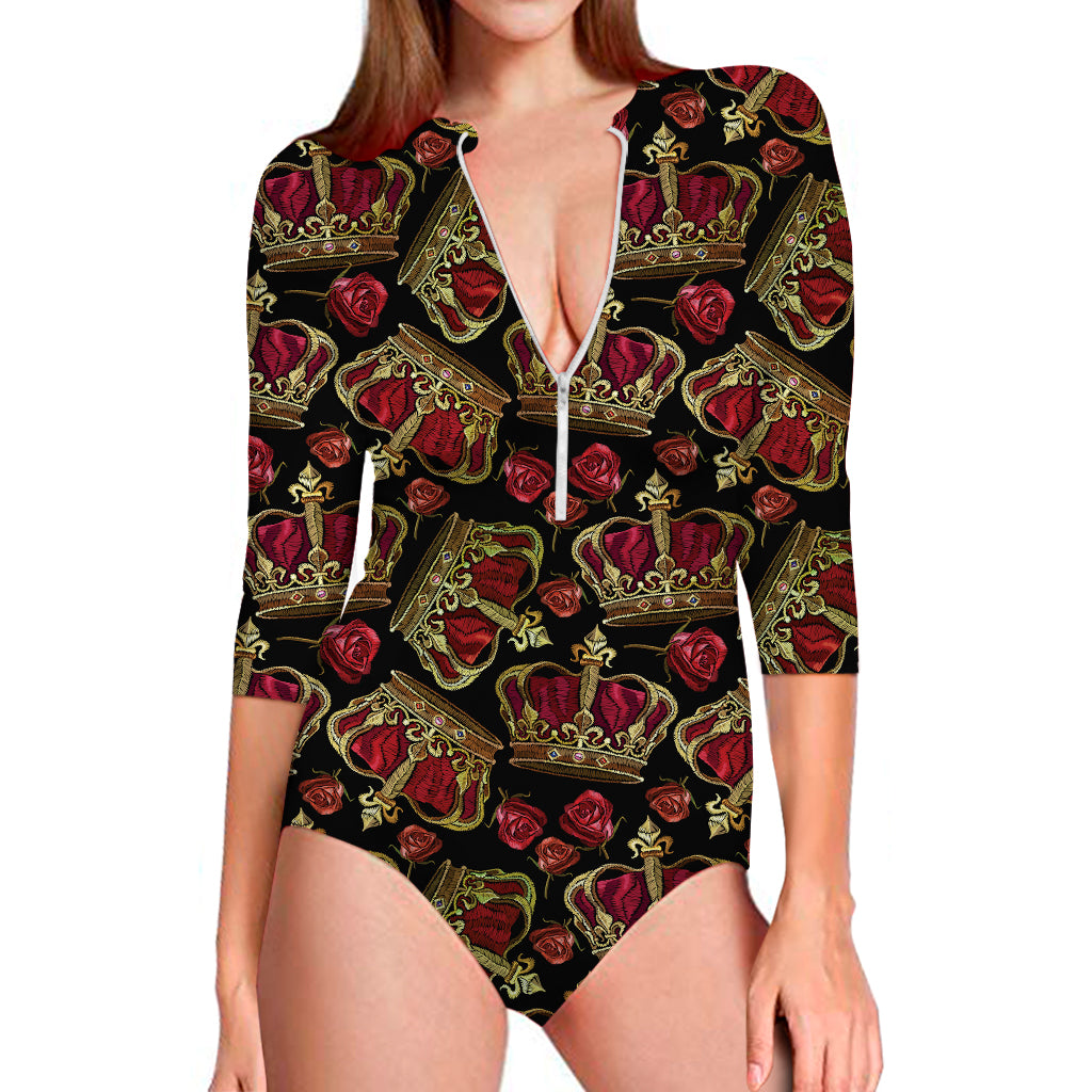 Embroidery Crown Pattern Print Long Sleeve Swimsuit