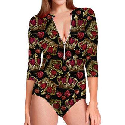 Embroidery Crown Pattern Print Long Sleeve Swimsuit
