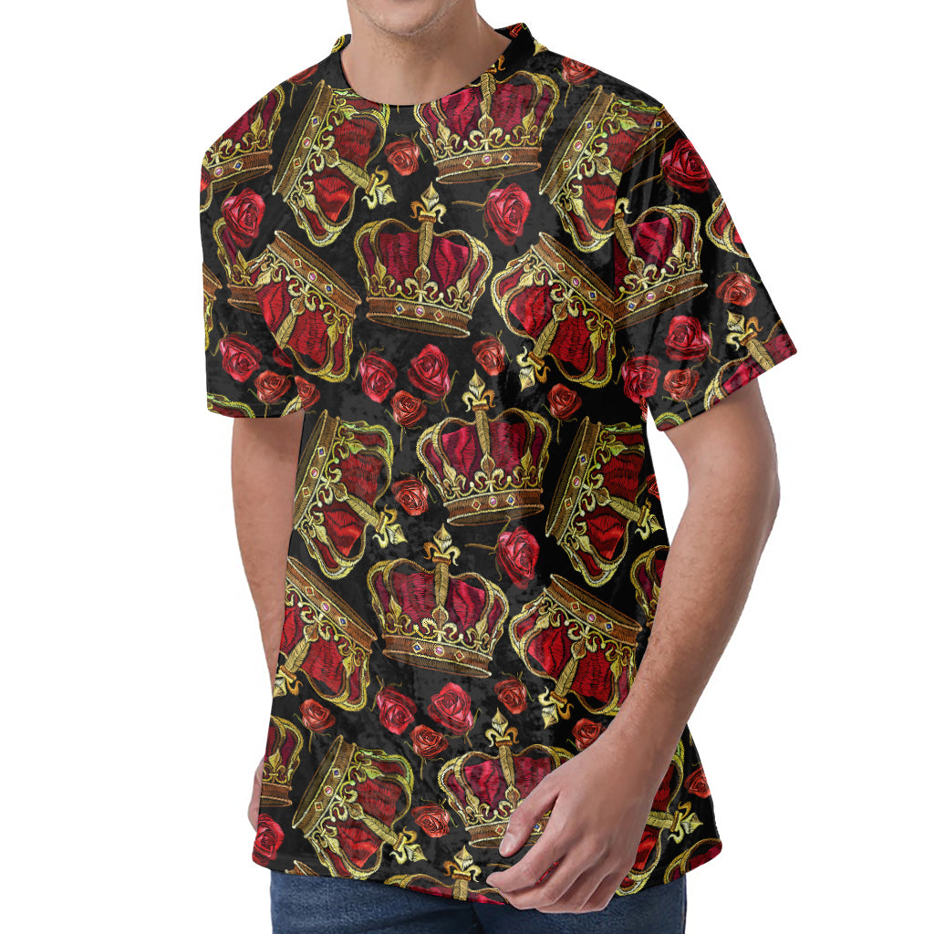 Embroidery Crown Pattern Print Men's Velvet T-Shirt