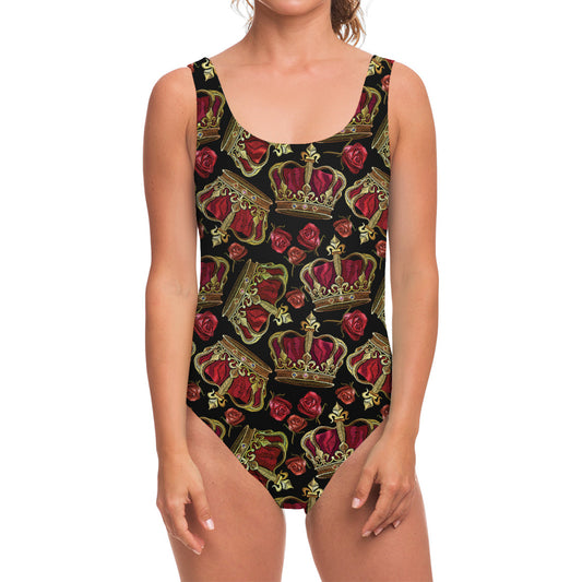 Embroidery Crown Pattern Print One Piece Swimsuit