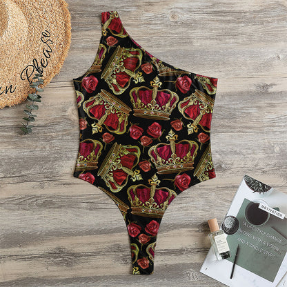 Embroidery Crown Pattern Print One Shoulder Bodysuit