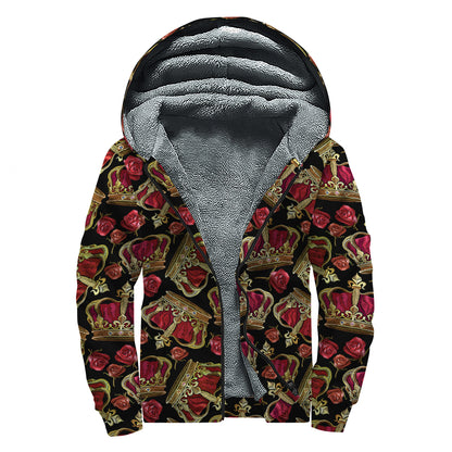 Embroidery Crown Pattern Print Sherpa Lined Zip Up Hoodie