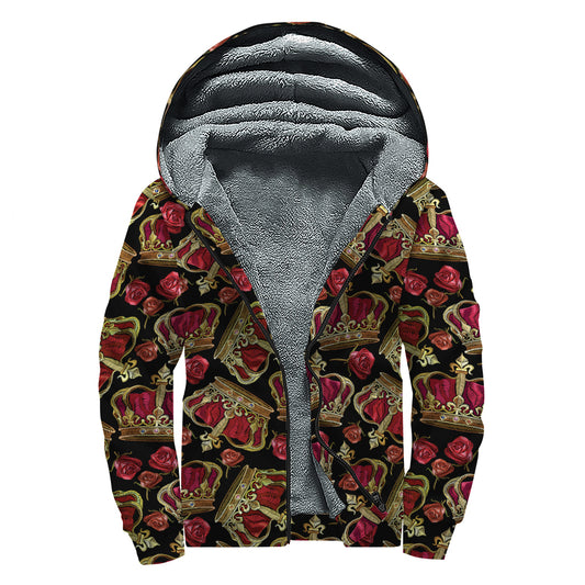 Embroidery Crown Pattern Print Sherpa Lined Zip Up Hoodie
