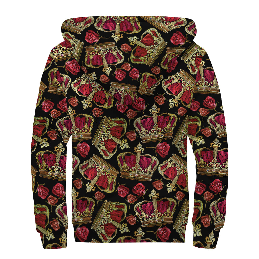 Embroidery Crown Pattern Print Sherpa Lined Zip Up Hoodie