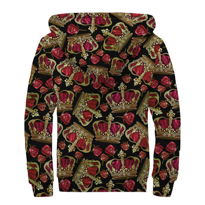 Embroidery Crown Pattern Print Sherpa Lined Zip Up Hoodie