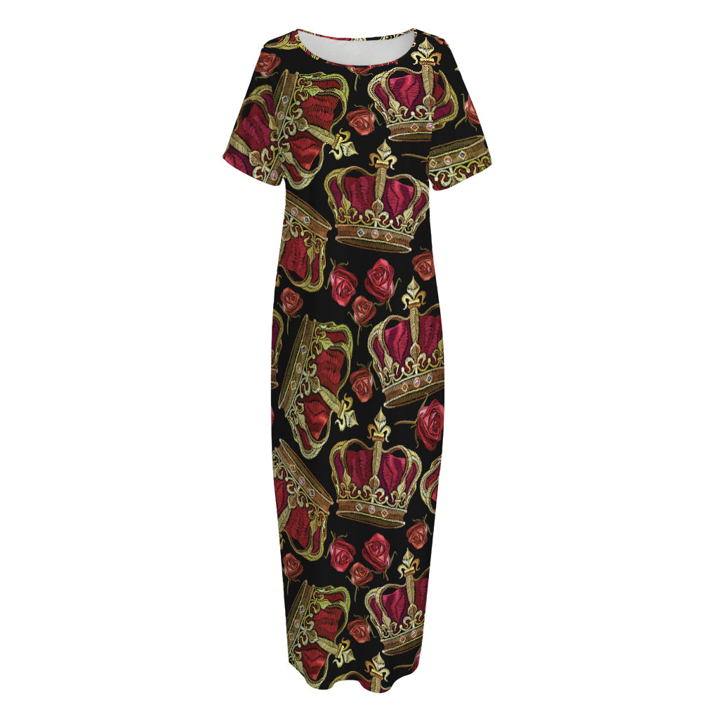 Embroidery Crown Pattern Print Short Sleeve Long Nightdress