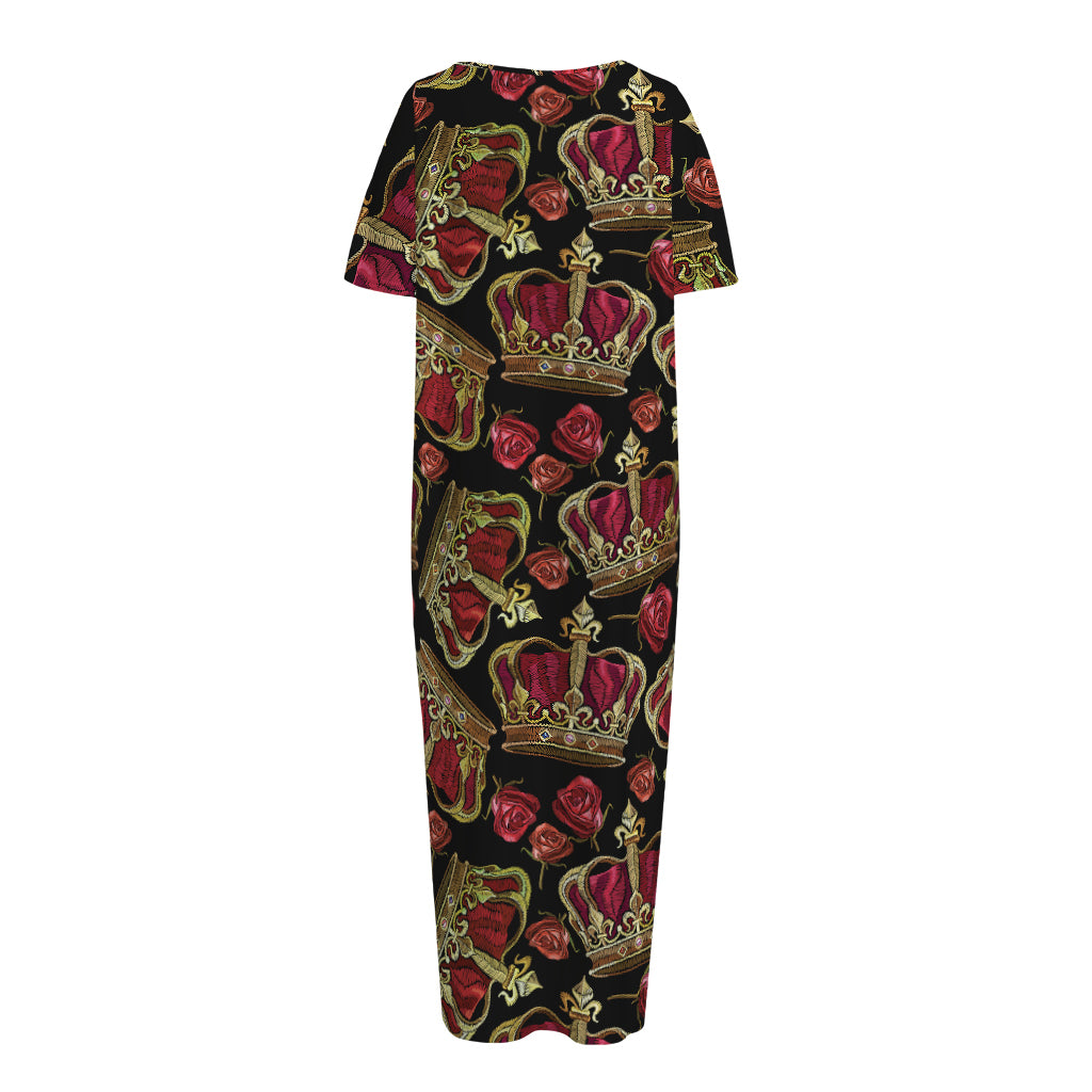 Embroidery Crown Pattern Print Short Sleeve Long Nightdress