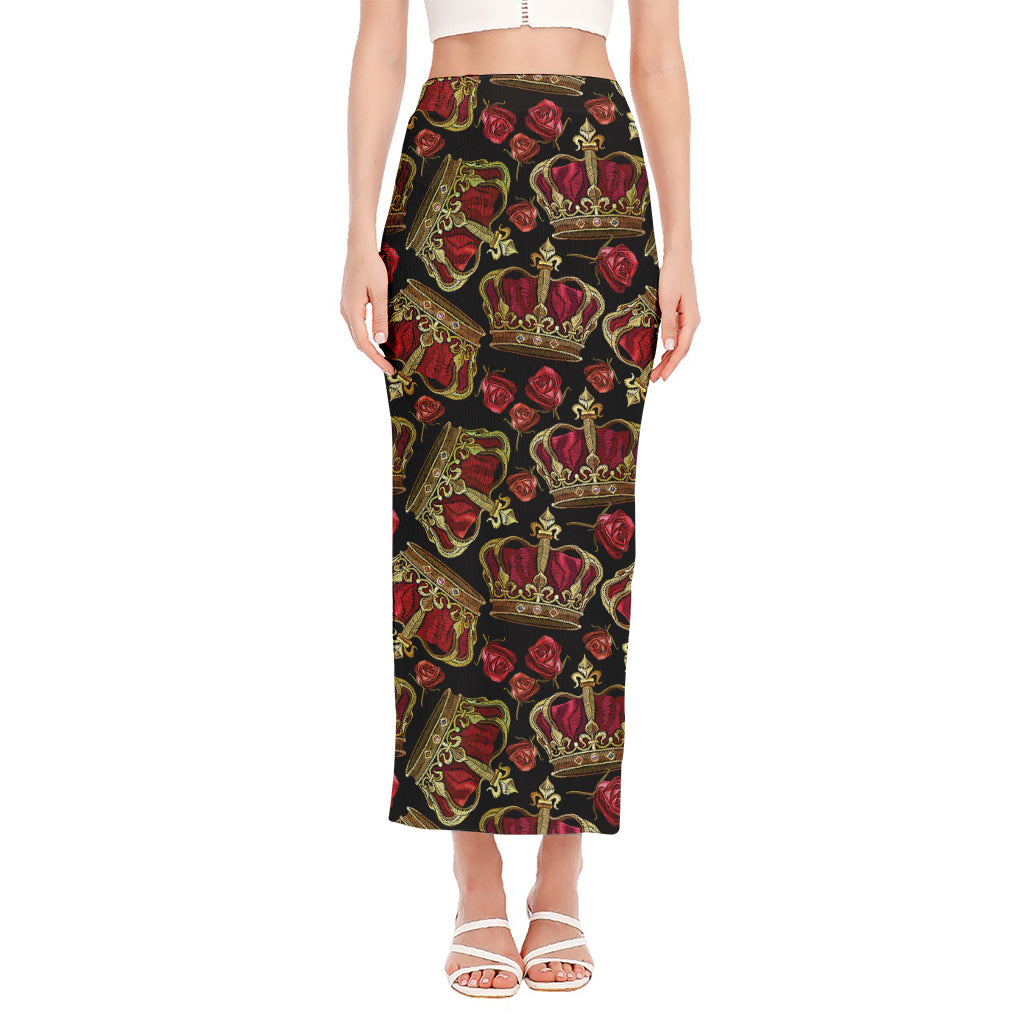 Embroidery Crown Pattern Print Side Slit Maxi Skirt