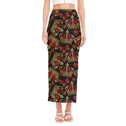 Embroidery Crown Pattern Print Side Slit Maxi Skirt