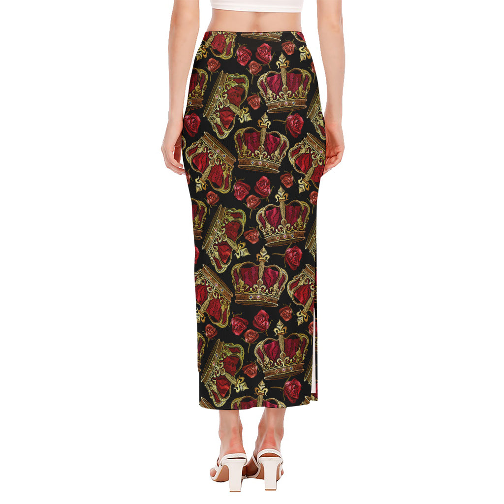Embroidery Crown Pattern Print Side Slit Maxi Skirt