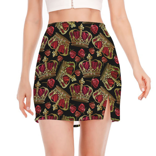 Embroidery Crown Pattern Print Side Slit Mini Skirt