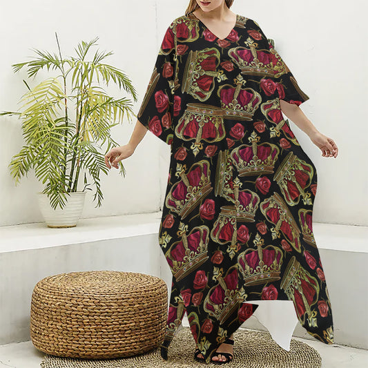 Embroidery Crown Pattern Print Silk V-Neck Kaftan Dress