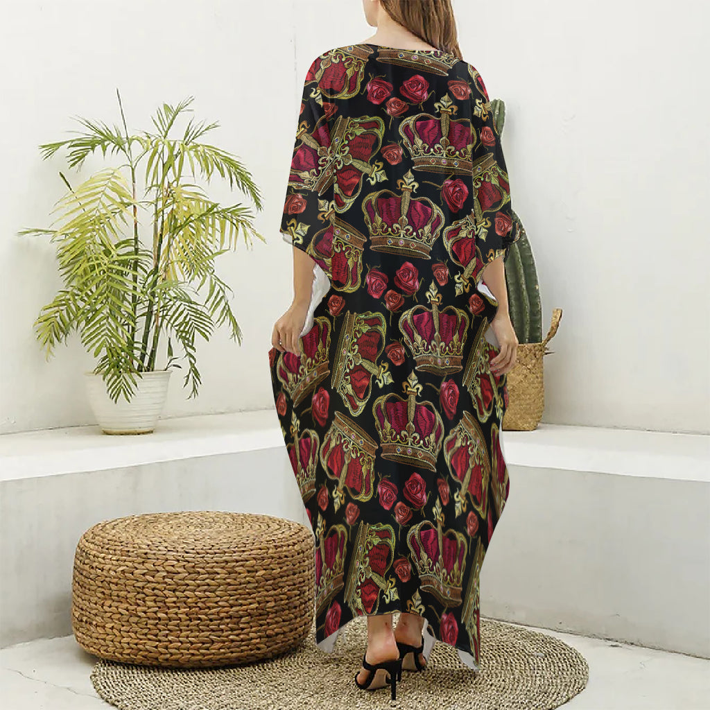 Embroidery Crown Pattern Print Silk V-Neck Kaftan Dress