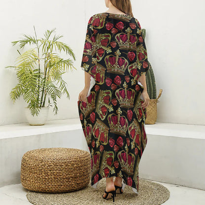 Embroidery Crown Pattern Print Silk V-Neck Kaftan Dress