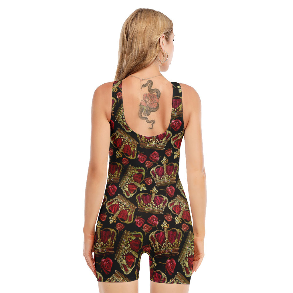 Embroidery Crown Pattern Print Sleeveless One Piece Swimsuit