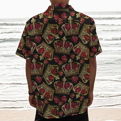Embroidery Crown Pattern Print Textured Short Sleeve Shirt
