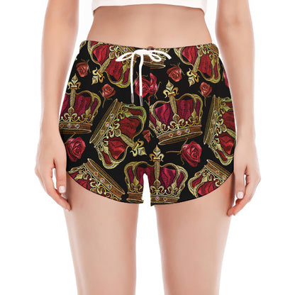 Embroidery Crown Pattern Print Women's Split Running Shorts