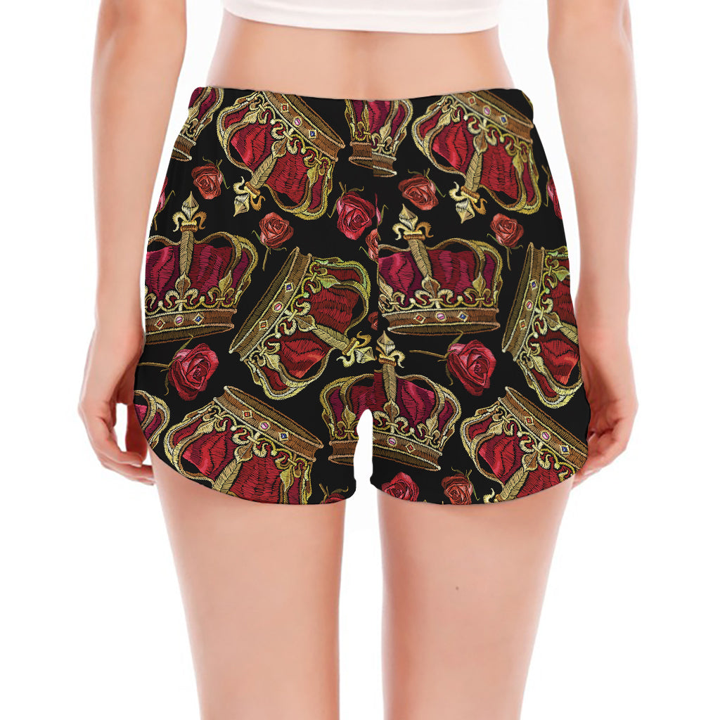 Embroidery Crown Pattern Print Women's Split Running Shorts