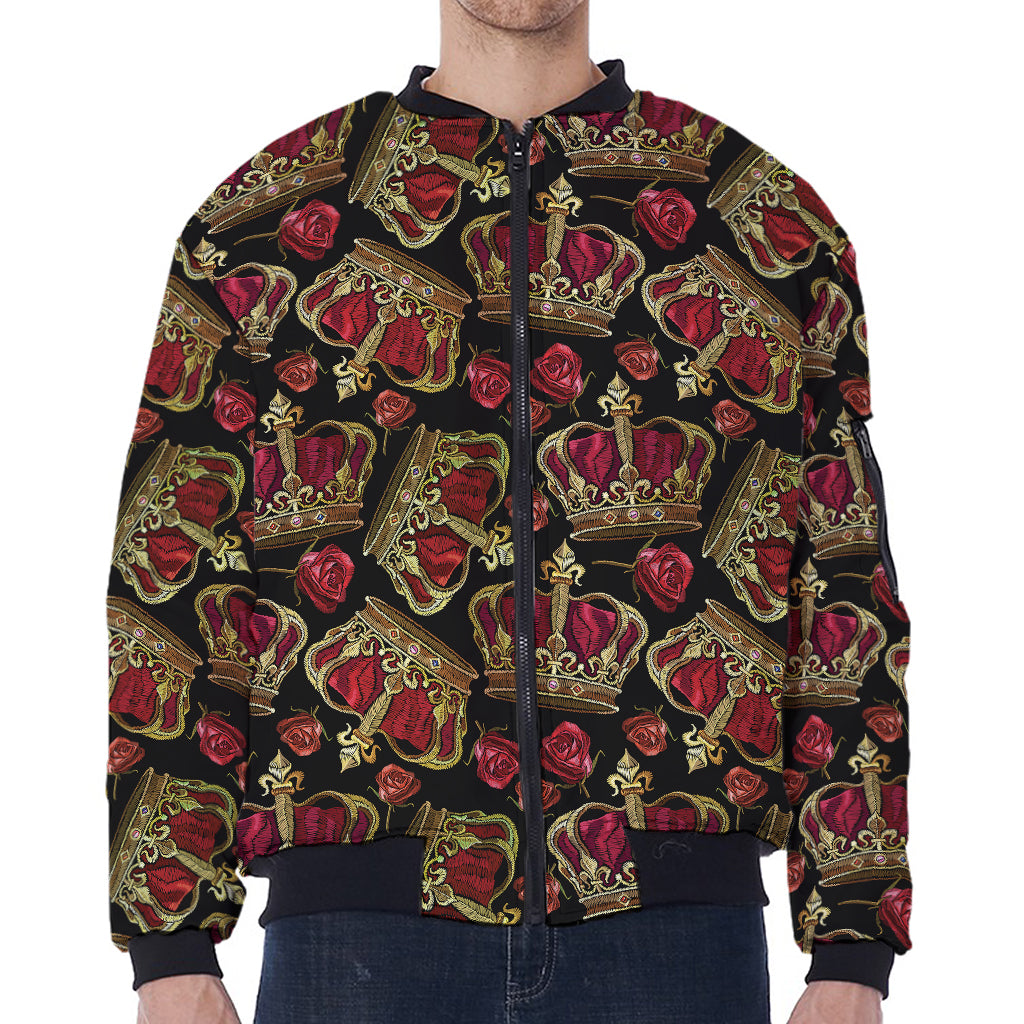 Embroidery Crown Pattern Print Zip Sleeve Bomber Jacket