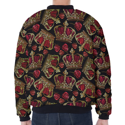 Embroidery Crown Pattern Print Zip Sleeve Bomber Jacket