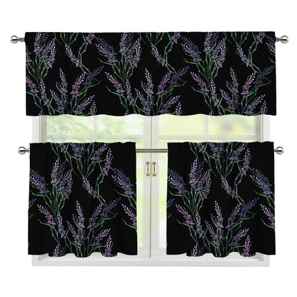 Embroidery Lavender Pattern Print 3 Piece Kitchen Curtains