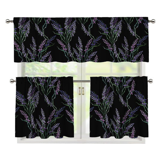 Embroidery Lavender Pattern Print 3 Piece Kitchen Curtains