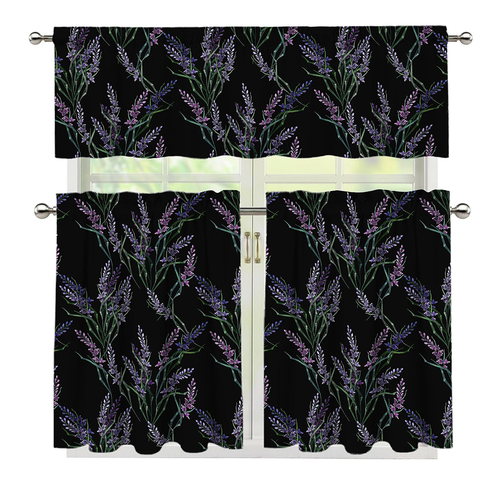 Embroidery Lavender Pattern Print 3 Piece Kitchen Curtains